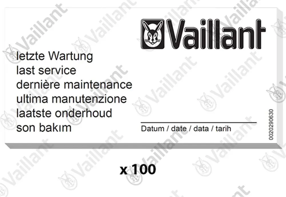 Wartungsaufkleber von Vaillant mit mehrsprachigen Beschreibungen zur letzten Wartung und Platz für das Datum. In einer Packung sind 100 Aufkleber enthalten.